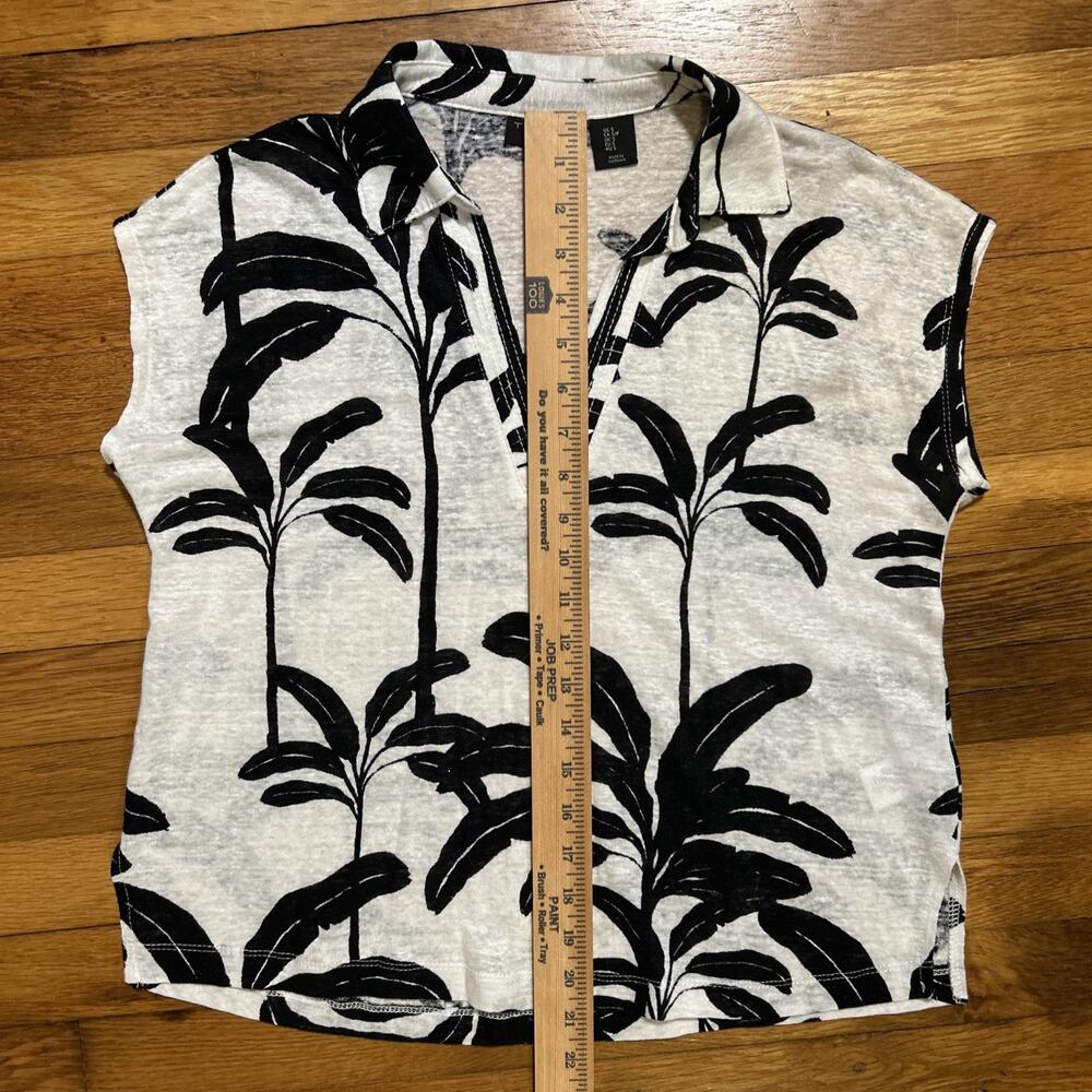 Tahari Women sz S 100% Linen Black White Palm Print Tropical Top V-neck Nautical - Picture 6 of 6